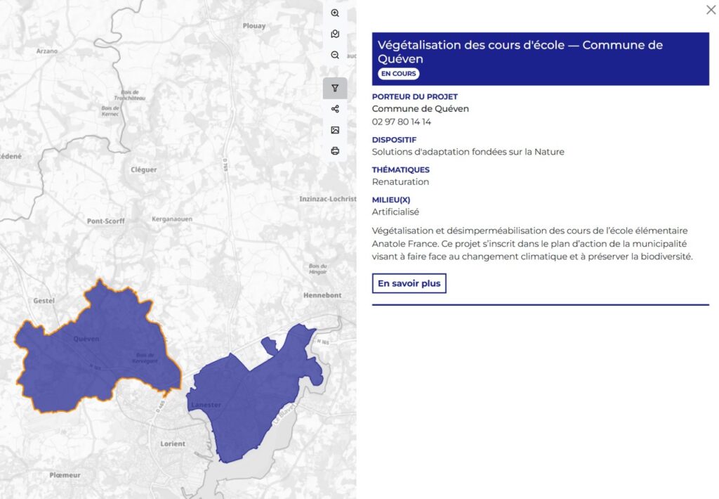 Fiche projet "végétalisation des cours d'école sur la commune de Quéven", Panorama des projets biodiversité en Bretagne, GéoBretagne, 2026