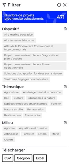 Liste des filtres du Panorama des projets biodiversité en Bretagne : par dispositifs (aires éducatives, atlas de la biodiversité, trames vertes et bleues, Solutions d'adaptation fondées sur la Nature, Territoires Engagés pour la Nature), par thématiques (agriculture, aménagement, bâti, culture, foncier, renaturation, nature en ville...) et par milieu (agricole, aquatique et humide, artificialisé, forestier, littoral...)