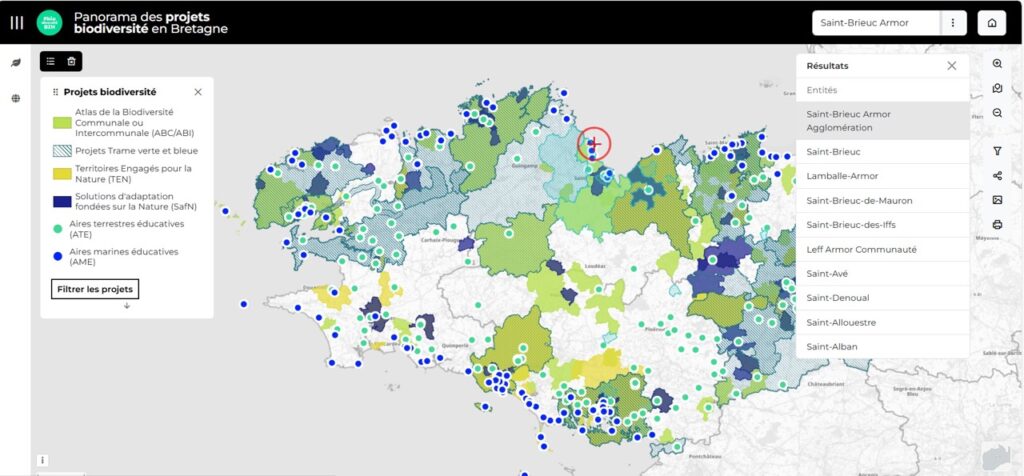 Affichage d'une intercommunalité ou une commune sur le Panorama des projets biodiversité en Bretagne. Ici sur Saint-Brieuc Armor Agglomération