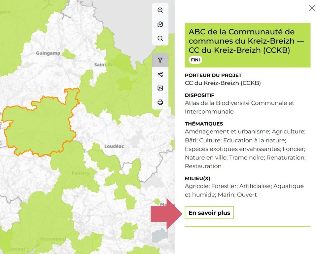 Accès au retour d'expérience de l'atlas de la biodiversité communale de la Communauté de communes du Kreiz-Breizh depuis la fiche descriptive dans le Panorama des projets biodiversité en Bretagne, GéoBretagne, 2026