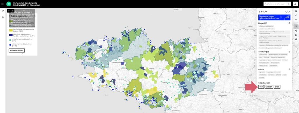 Téléchargement des données au format csv, excel ou Geojson du Panorama des projets biodiversité en Bretagne, GéoBretagne, 2026